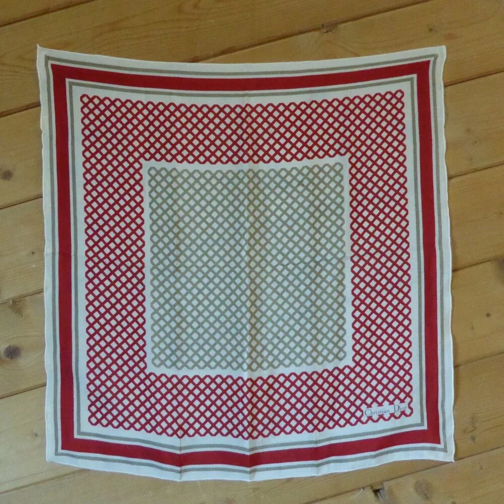 Christian Dior Red Beige Checked Square Silky Silk Scarf Wrap